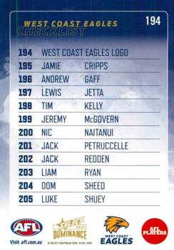 2020 Select Dominance #194 West Coast Eagles Back